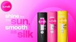 Sunsilk brand packshots in three variants, black, pink and yellow with text that reads as Shine like the sun, smooth as silk.