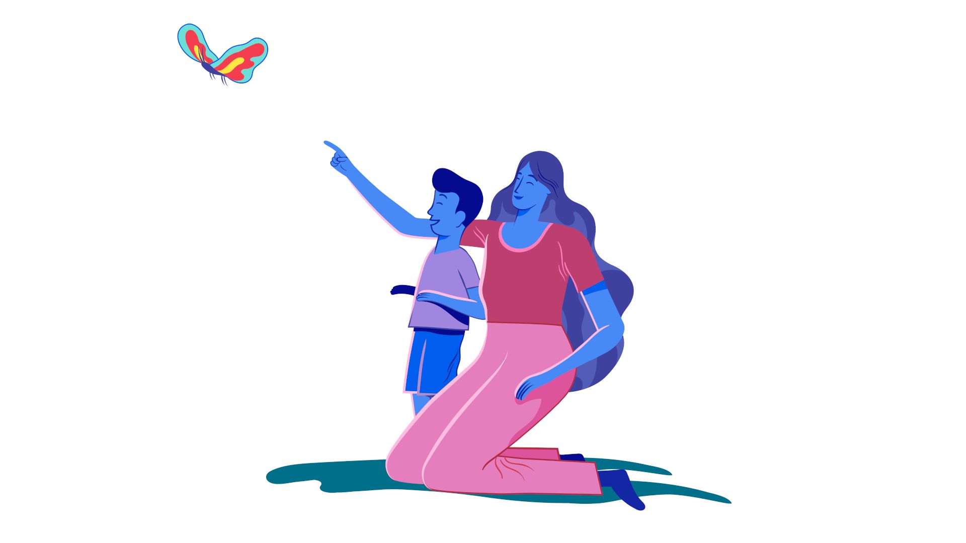An illustration of a parent and child pointing towards a butterfly.  