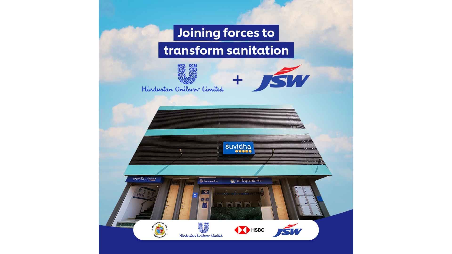 An image of HUL Suvidha centre.  Image text reads as HUL and JSW are joining forces to transform sanitation.  The creative also has Suvidha partner logos which include HUL, JSW, HSBC and BMC.