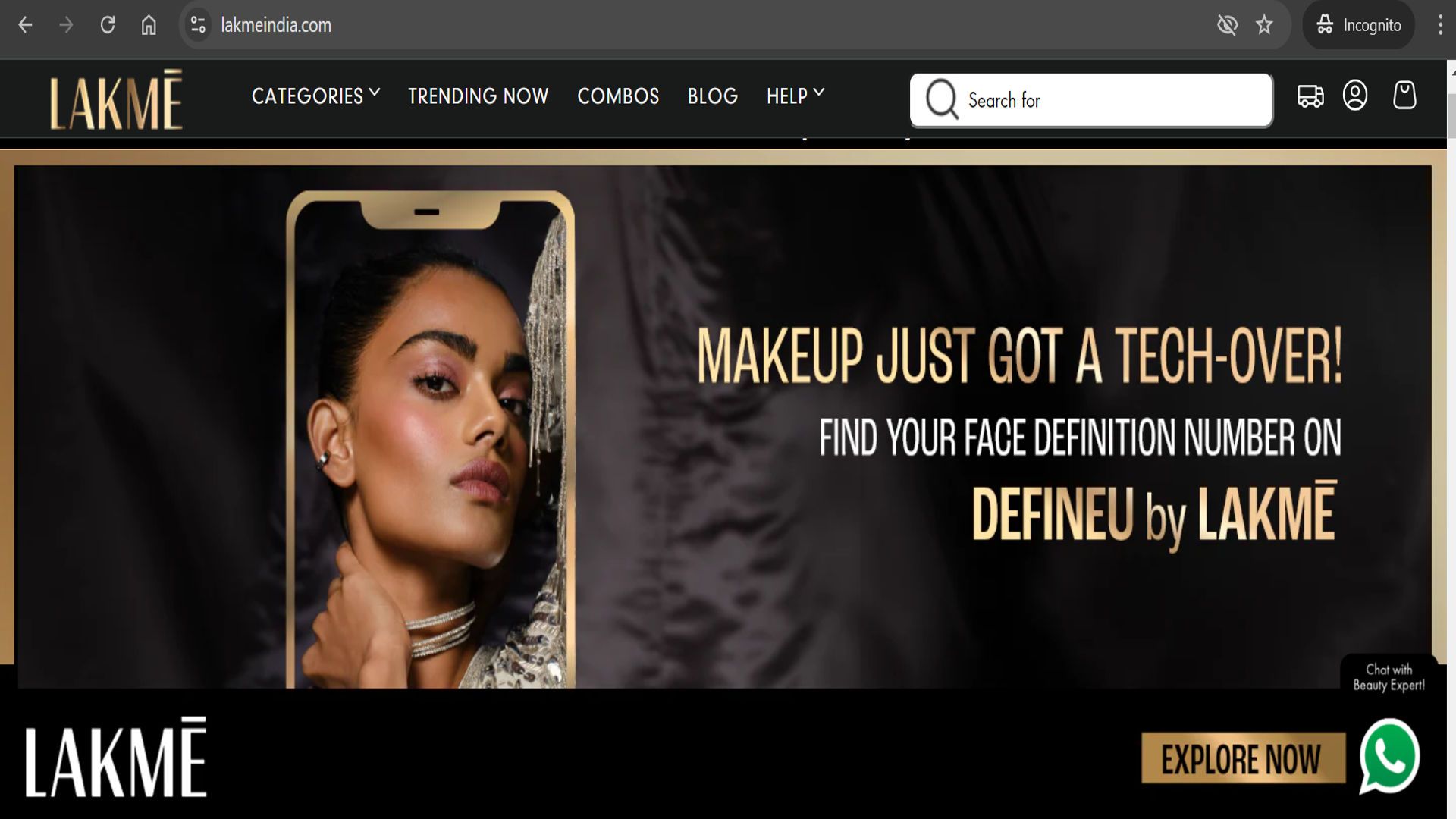 Screenshot from LAKME's website showing the costumer experience using AI