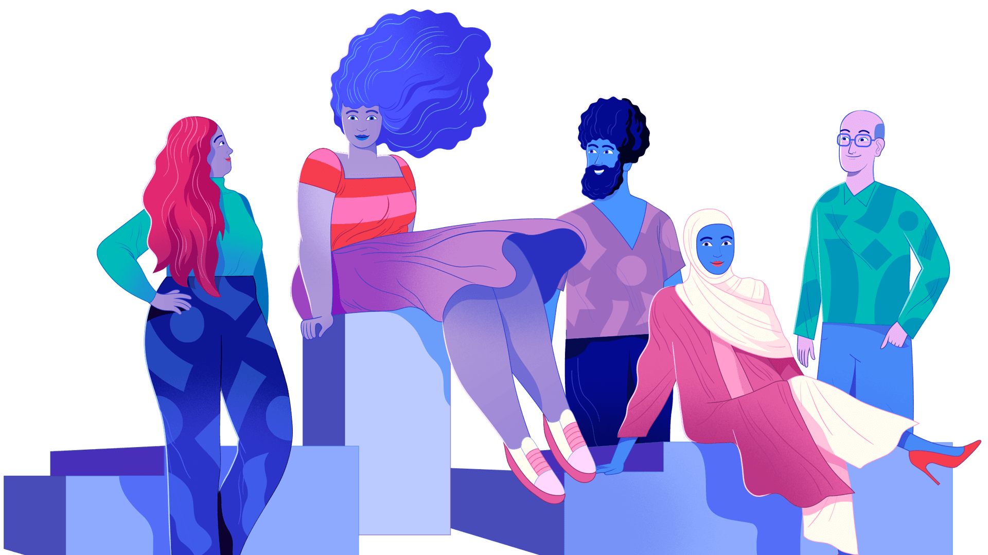 a diverse group of people sitting on blocks