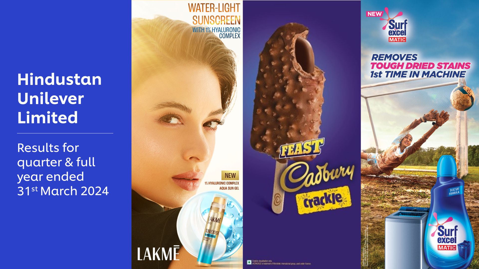A collage of HUL brand key visuals including Kwality walls, Lakme and Surf excel.