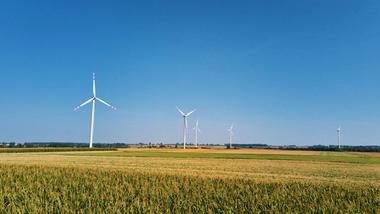 Image of windmill turbine in a field.