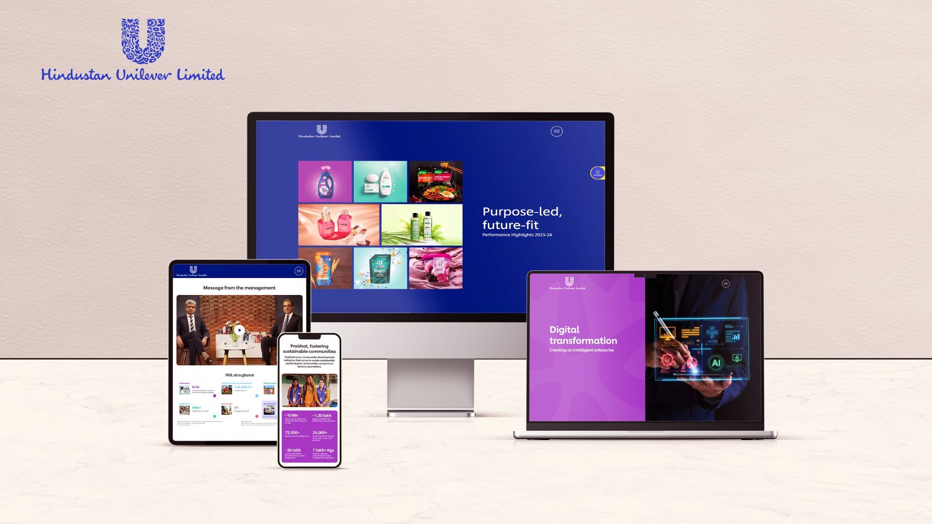 Image of digital screens with frames of pages from HUL's performance highlights microsite for financial year 2023- 2024.